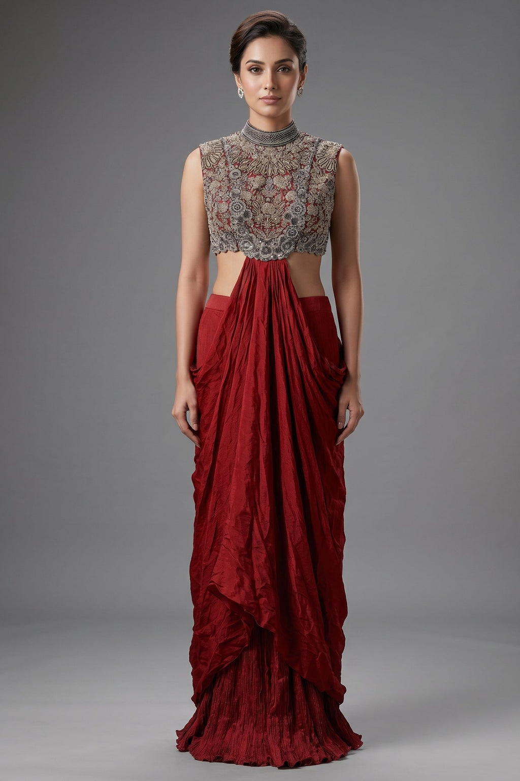 Oxblood Maroon Chinon Silk Draped Indo-Western Dress featuring Cutdana & Crystal Bodice