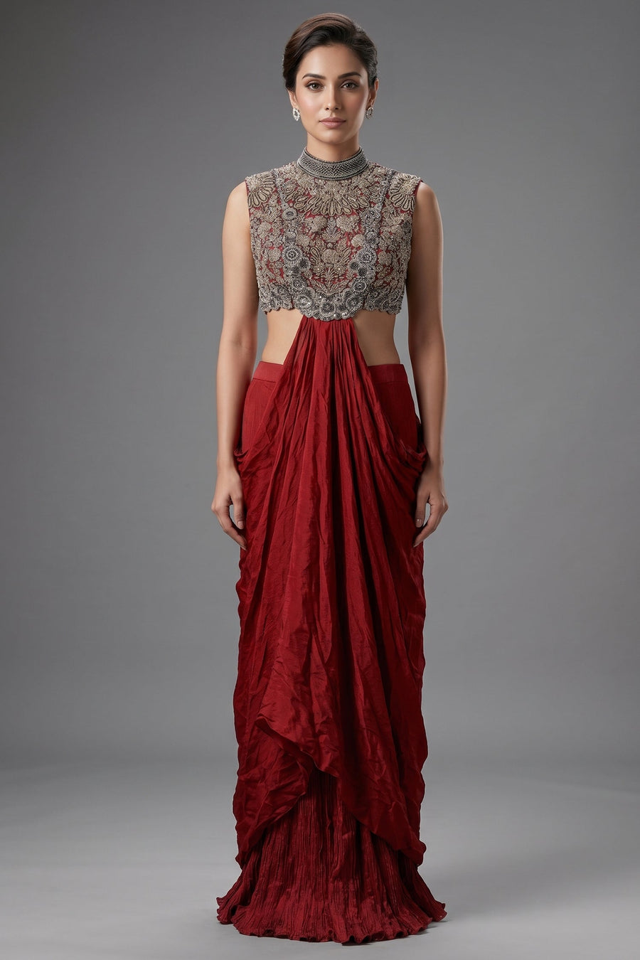 Oxblood Maroon Chinon Silk Draped Indo-Western Dress featuring Cutdana & Crystal Bodice