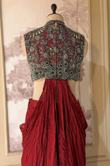 Bottle Green Crepe Silk Pre-Draped Cowl Skirt Set with Hand-Embellished Bandhani Weave Jacket Blouse