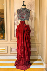 Bottle Green Crepe Silk Pre-Draped Cowl Skirt Set with Hand-Embellished Bandhani Weave Jacket Blouse