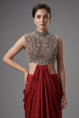 Bottle Green Crepe Silk Pre-Draped Cowl Skirt Set with Hand-Embellished Bandhani Weave Jacket Blouse