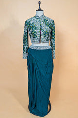 Asymmetrical One-Shoulder Tunic Set in Grey Crepe Silk featuring Pink Tie-Dye Hem and Cutdana Zardosi
