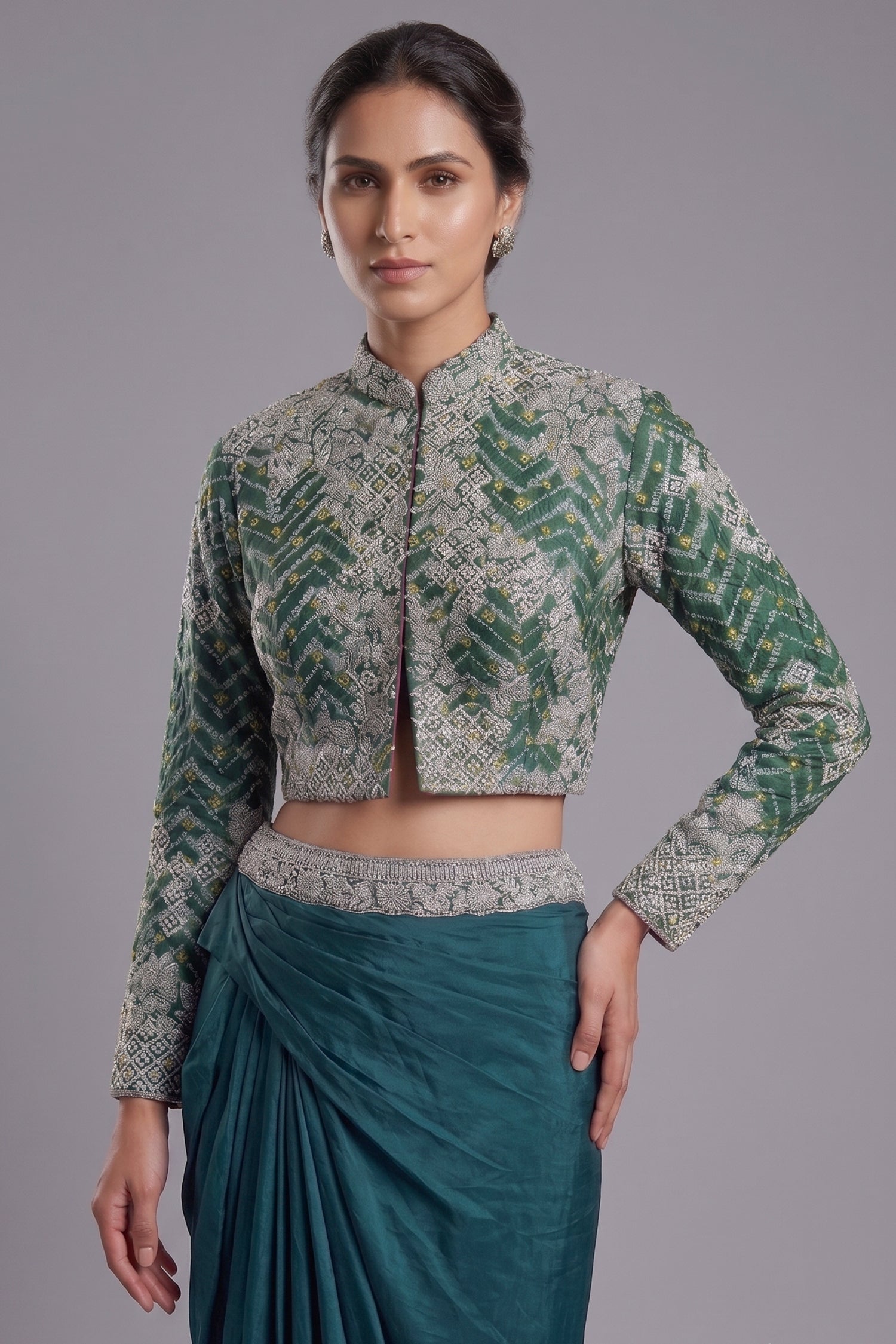 Bottle Green Crepe Silk Pre-Draped Cowl Skirt Set with Hand-Embellished Bandhani Weave Jacket Blouse Secondary image