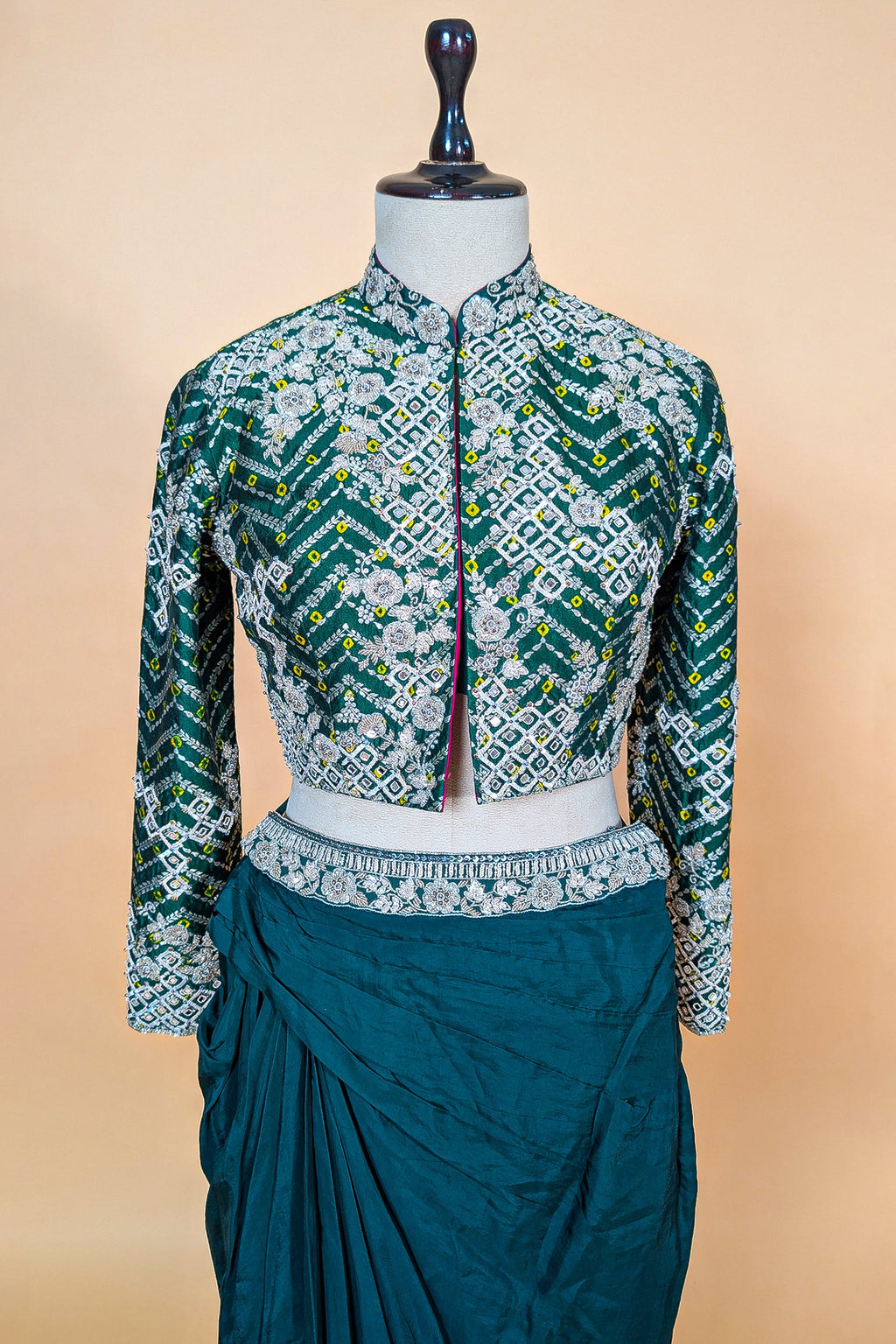 Bottle Green Crepe Silk Pre-Draped Cowl Skirt Set with Hand-Embellished Bandhani Weave Jacket Blouse