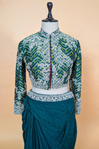 Bottle Green Crepe Silk Pre-Draped Cowl Skirt Set with Hand-Embellished Bandhani Weave Jacket Blouse