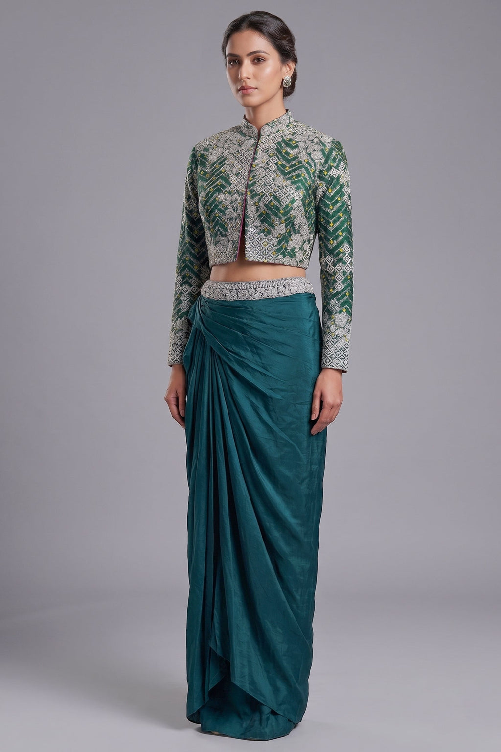 Bottle Green Crepe Silk Pre-Draped Cowl Skirt Set with Hand-Embellished Bandhani Weave Jacket Blouse