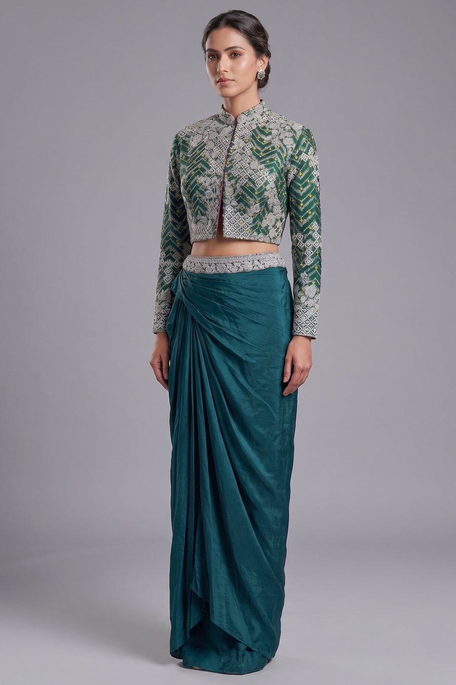 Bottle Green Crepe Silk Pre-Draped Cowl Skirt Set with Hand-Embellished Bandhani Weave Jacket Blouse
