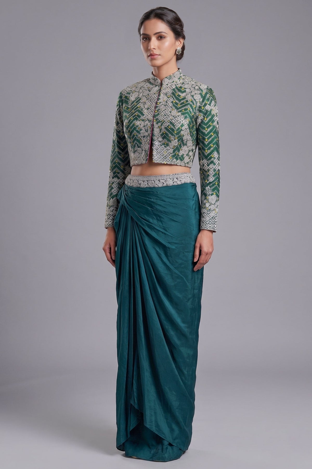 Asymmetrical One-Shoulder Tunic Set in Grey Crepe Silk featuring Pink Tie-Dye Hem and Cutdana Zardosi