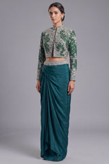 Asymmetrical One-Shoulder Tunic Set in Grey Crepe Silk featuring Pink Tie-Dye Hem and Cutdana Zardosi