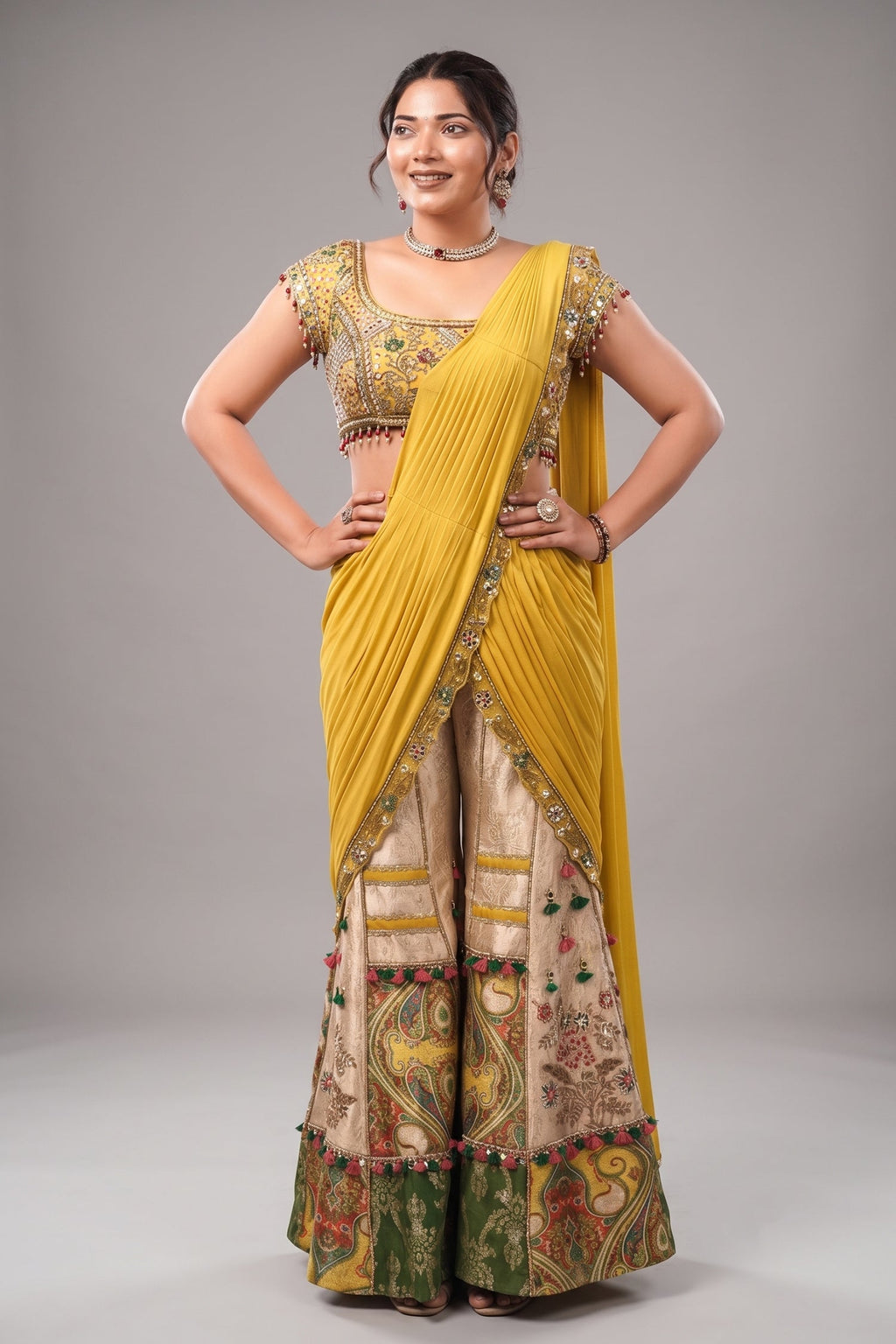 Canary Yellow Hand-Embellished Crop Top with Patchwork Brocade Palazzo and Pre-Stitched Drape