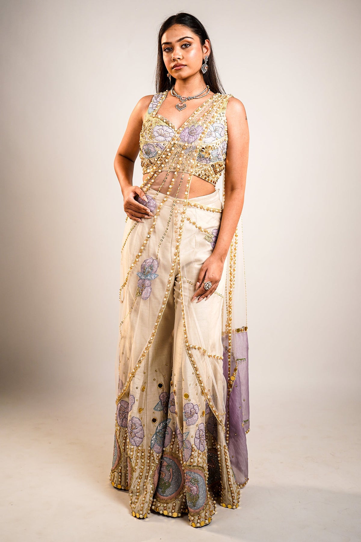Ivory Raw Silk Hand-Embellished Fusion Set with Tonal Cutdana Borders and Applique Patchwork