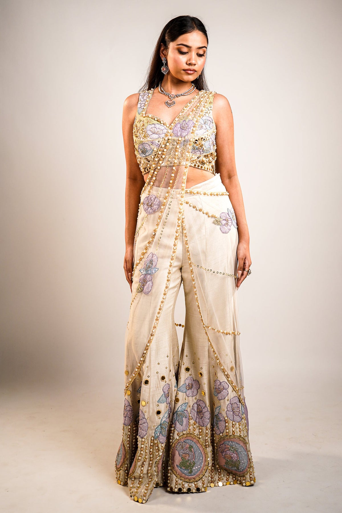 Ivory Raw Silk Hand-Embellished Fusion Set with Tonal Cutdana Borders and Applique Patchwork