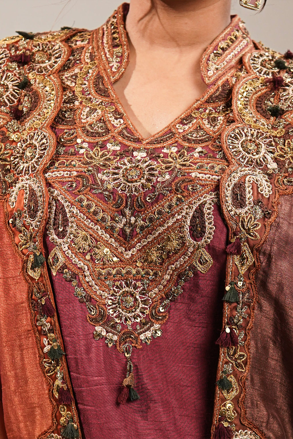 Imperial Maroon Silk Co-ord Set with Multi-Tonal Hand-Embroidered Cape Jacket