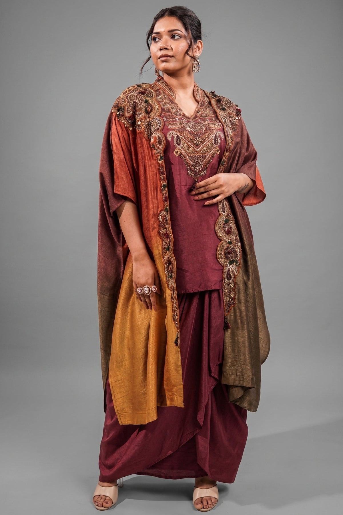 Imperial Maroon Silk Co-ord Set with Multi-Tonal Hand-Embroidered Cape Jacket
