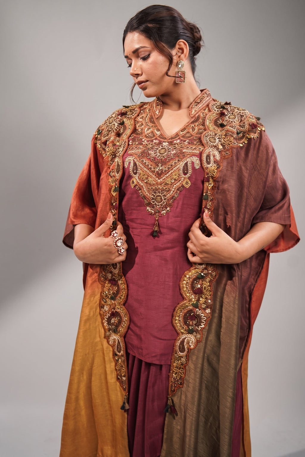 Imperial Maroon Silk Co-ord Set with Multi-Tonal Hand-Embroidered Cape Jacket