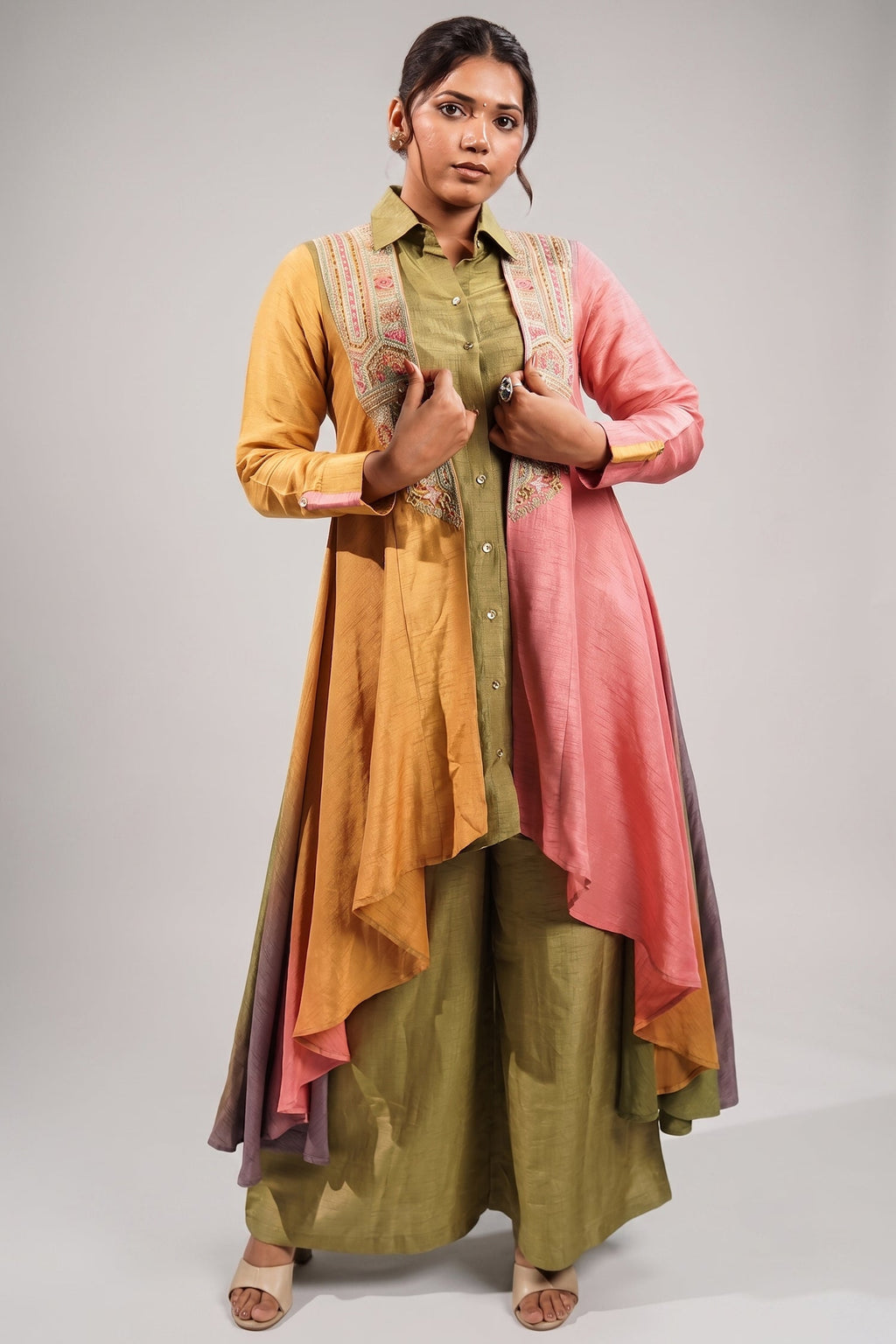 Sage Green Silk Co-ord Set with Multi-Tonal Geometric Embroidered Long Line Cape