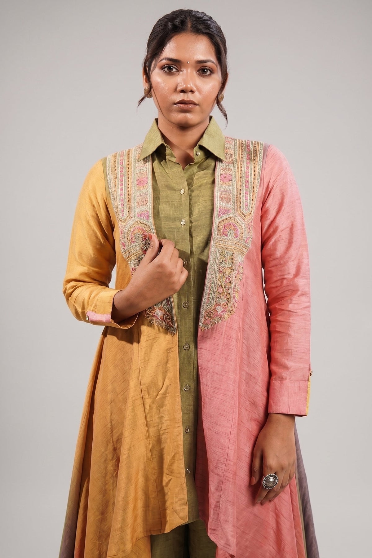 Sage Green Silk Co-ord Set with Multi-Tonal Geometric Embroidered Long Line Cape