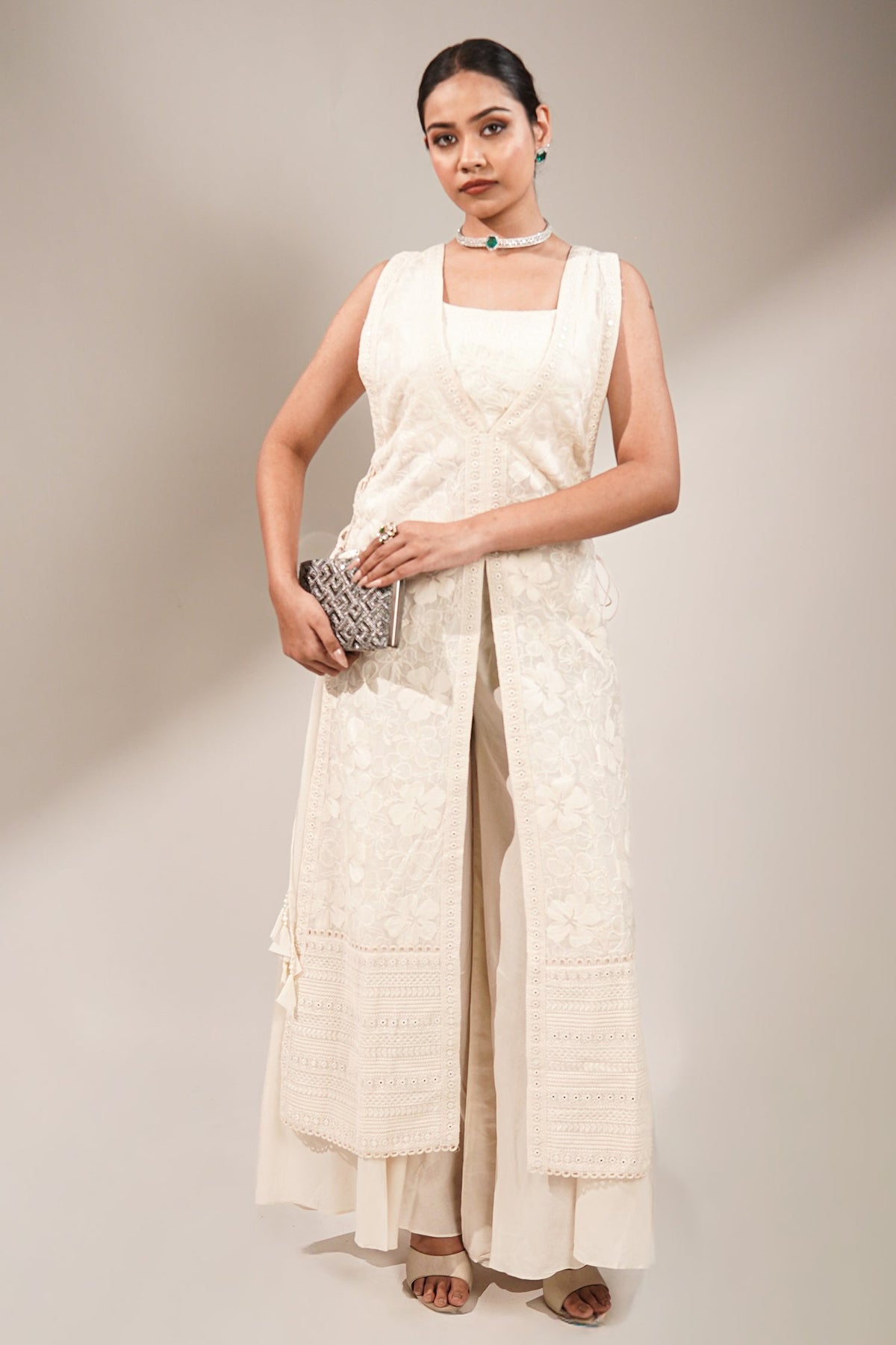 Pristine White Premium Cotton Fusion Set Featuring Handcrafted Chikankari
