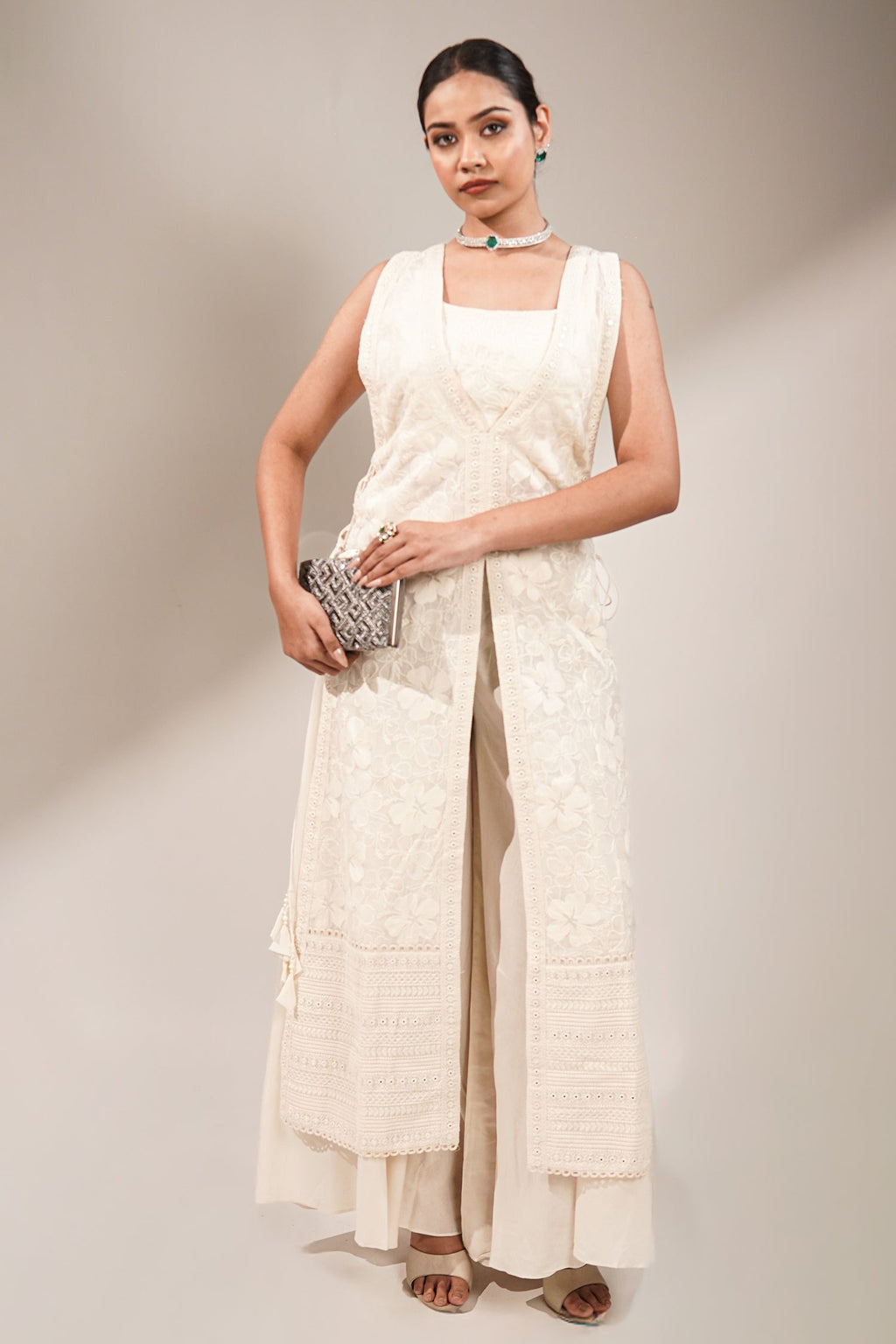 Pristine White Premium Cotton Fusion Set Featuring Handcrafted Chikankari