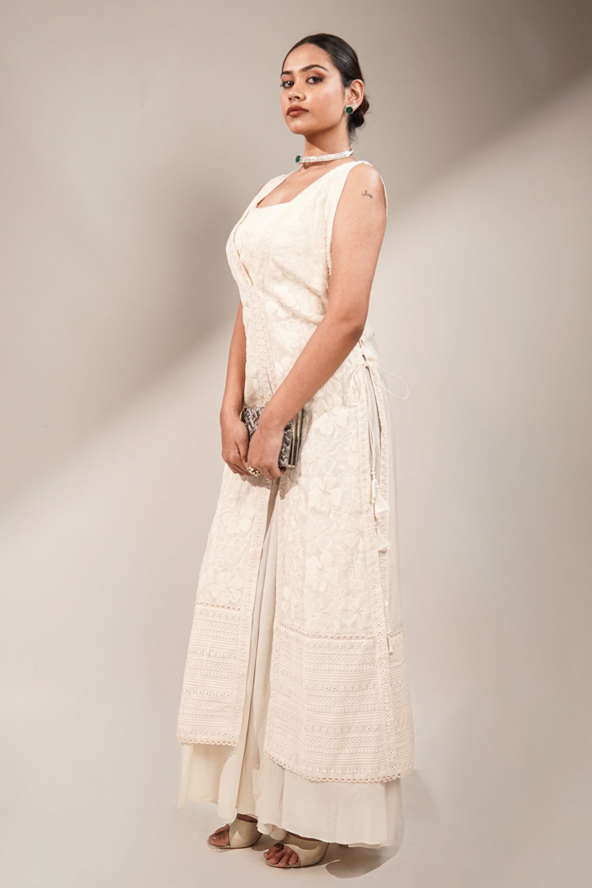 Pristine White Premium Cotton Fusion Set Featuring Handcrafted Chikankari
