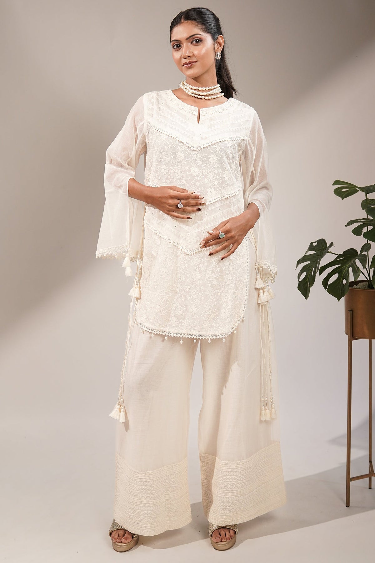 Classic White Handcrafted Chikankari Cotton Co-ord Set with Sheer Bell Sleeves and Tassel Accents