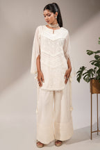 Classic White Handcrafted Chikankari Cotton Co-ord Set with Sheer Bell Sleeves and Tassel Accents