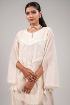 Classic White Handcrafted Chikankari Cotton Co-ord Set with Sheer Bell Sleeves and Tassel Accents