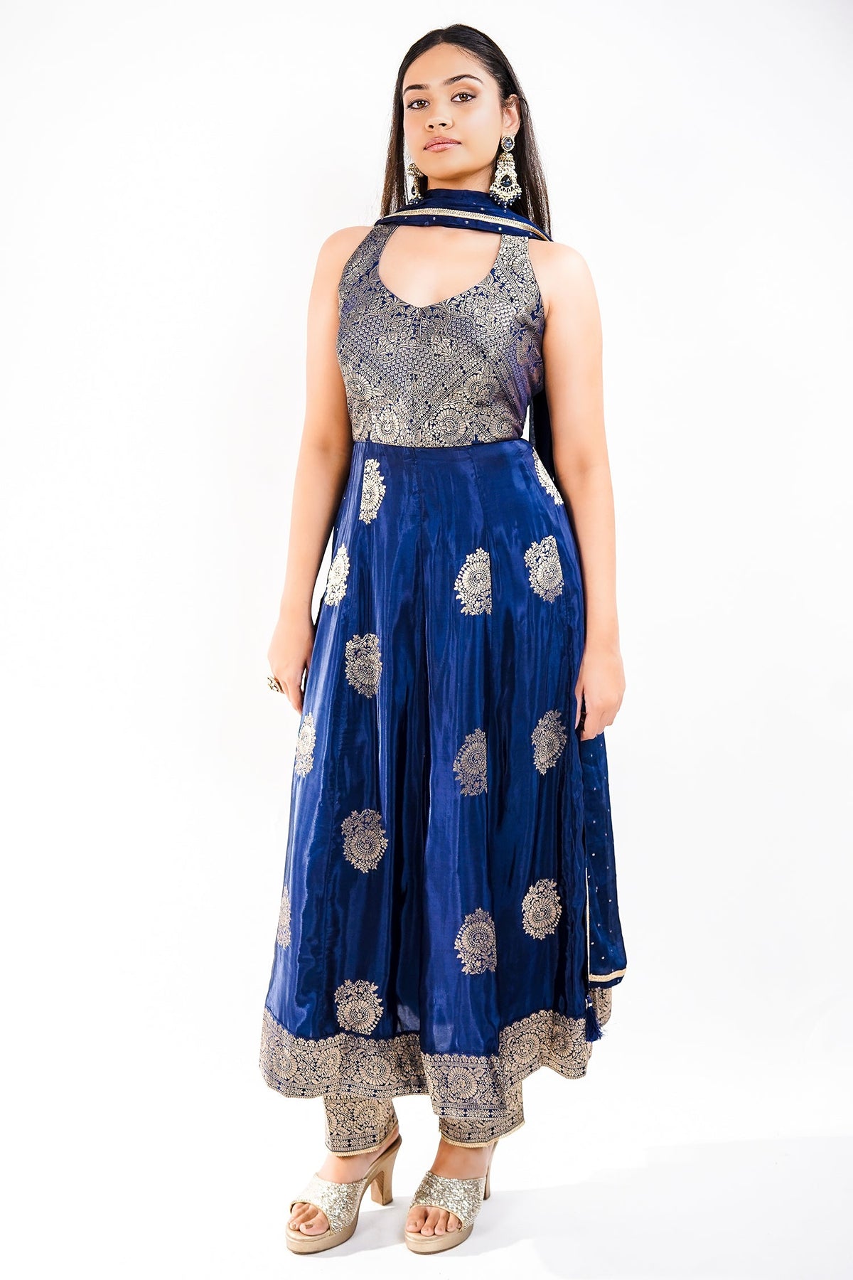 Midnight Blue Chinon Silk Flared Fusion Dress with Traditional Metallic Weaving Layout