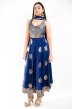 Midnight Blue Chinon Silk Flared Fusion Dress with Traditional Metallic Weaving Layout