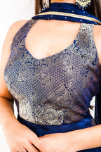Midnight Blue Chinon Silk Flared Fusion Dress with Traditional Metallic Weaving Layout