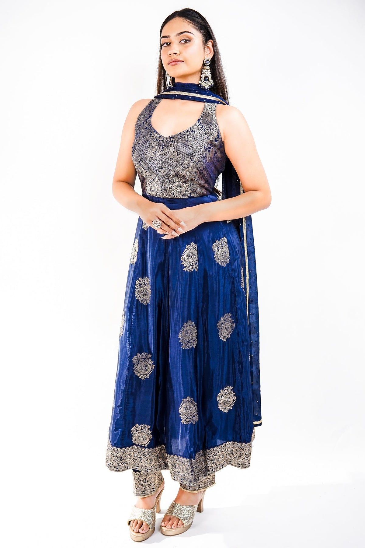 Midnight Blue Chinon Silk Flared Fusion Dress with Traditional Metallic Weaving Layout
