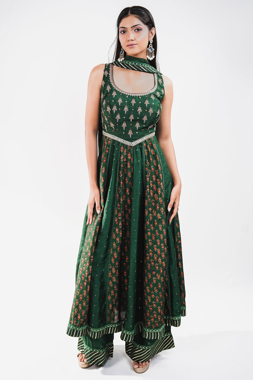 Forest Green Raw Silk Flared Anarkali Set with Floral Booti Print and Embroidery Work