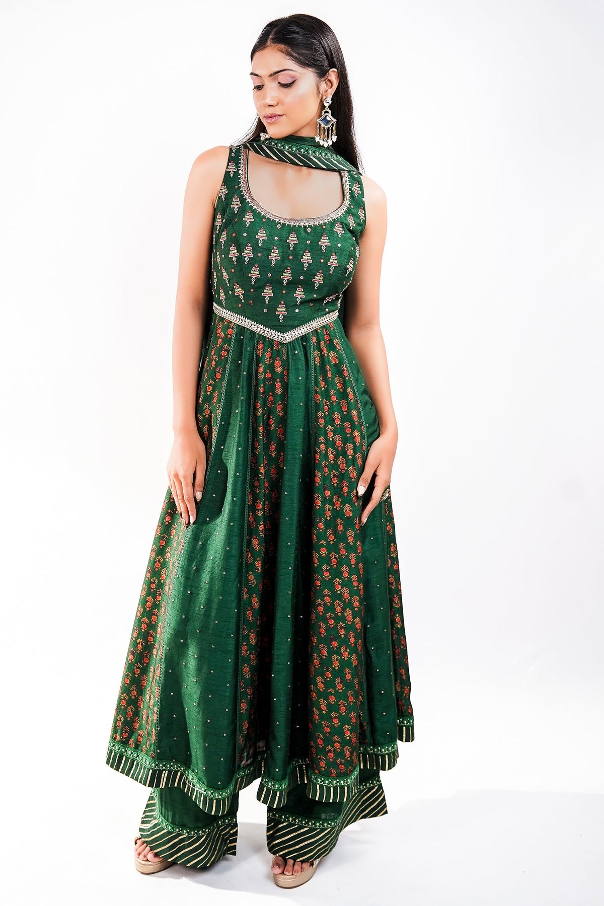 Forest Green Raw Silk Flared Anarkali Set with Floral Booti Print and Embroidery Work
