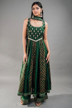 Forest Green Raw Silk Flared Anarkali Set with Floral Booti Print and Embroidery Work