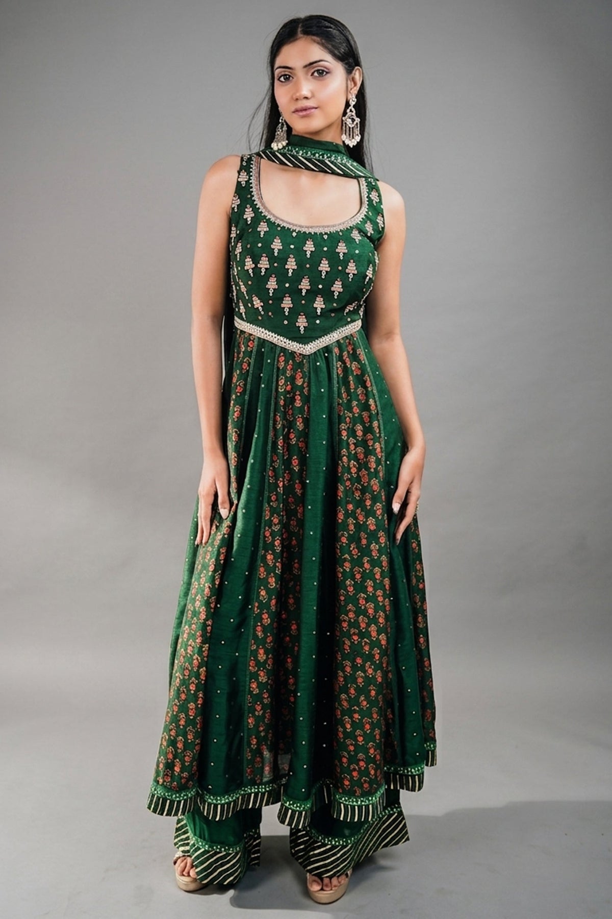Forest Green Raw Silk Flared Anarkali Set with Floral Booti Print and Embroidery Work