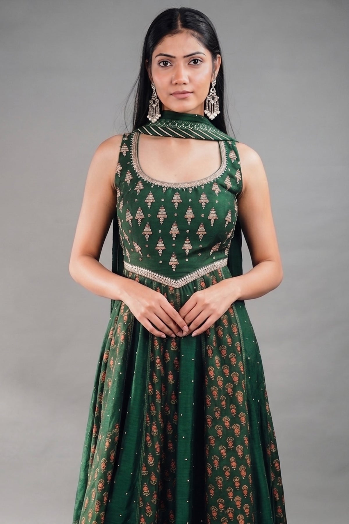 Forest Green Raw Silk Flared Anarkali Set with Floral Booti Print and Embroidery Work