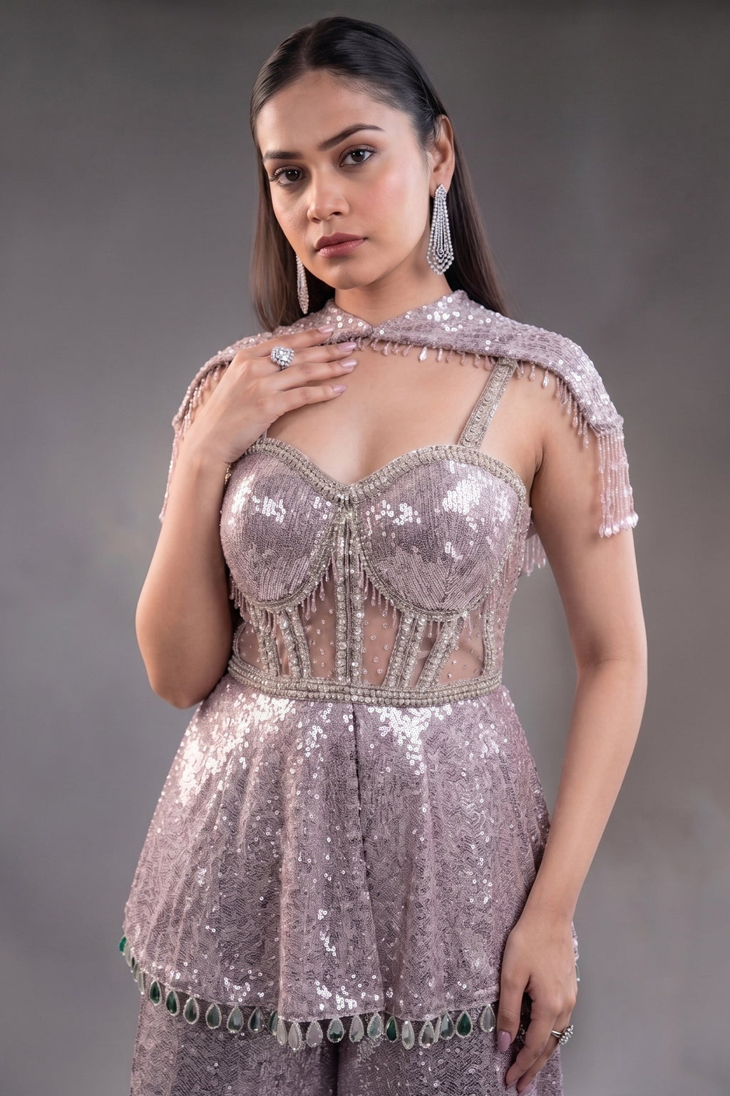Orchid Mauve High-Density Sequin Sharara Set with Structured Bodice and Attached Fringed Drape