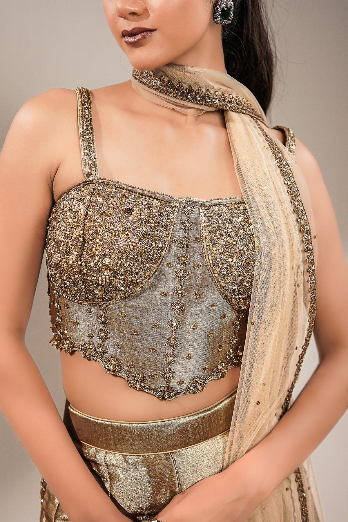 Champagne Gold Tissue Co-ord Set with Heavily Hand-Beaded Bustier and Fluid Sheer Dupatta