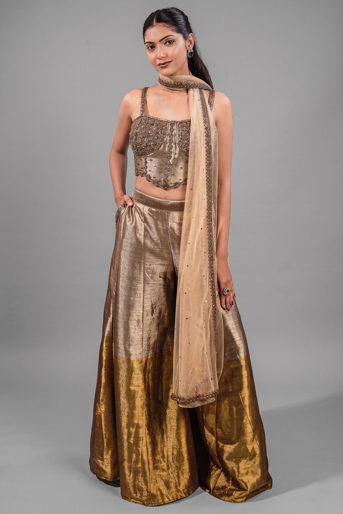Champagne Gold Tissue Co-ord Set with Heavily Hand-Beaded Bustier and Fluid Sheer Dupatta