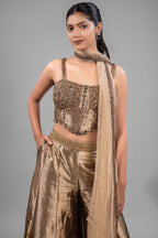 Champagne Gold Tissue Co-ord Set with Heavily Hand-Beaded Bustier and Fluid Sheer Dupatta