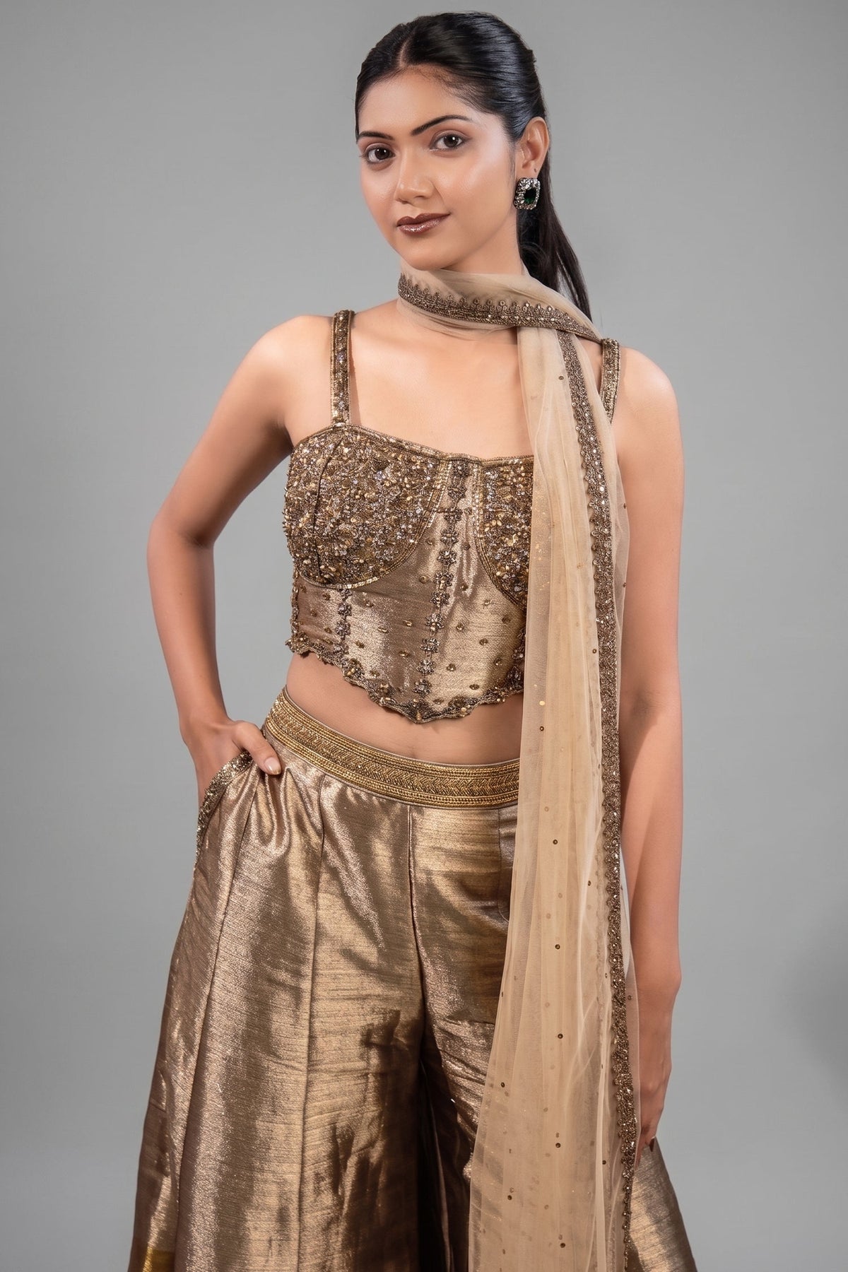 Champagne Gold Tissue Co-ord Set with Heavily Hand-Beaded Bustier and Fluid Sheer Dupatta