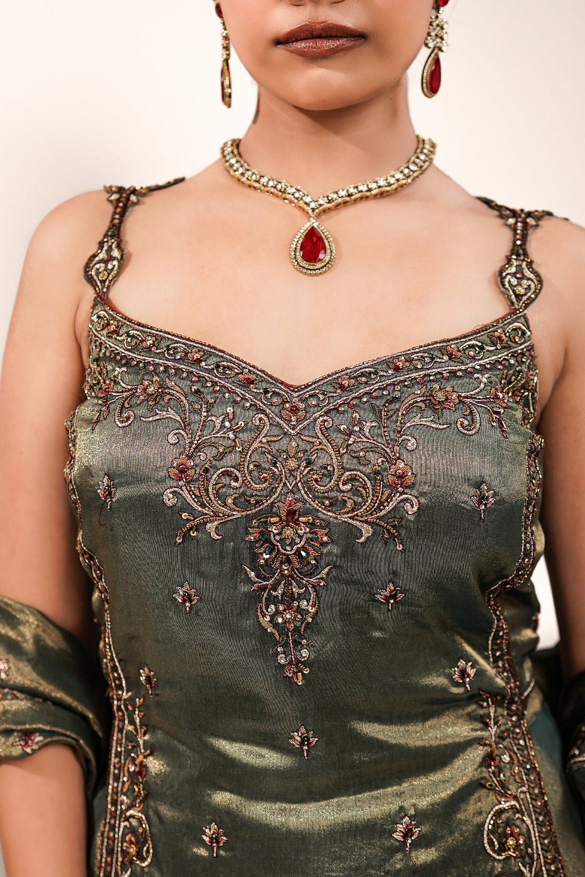 Deep Olive Green Metallic Tissue Tunic and Skirt Ensemble with Ornate Zardosi and Beadwork Bodice
