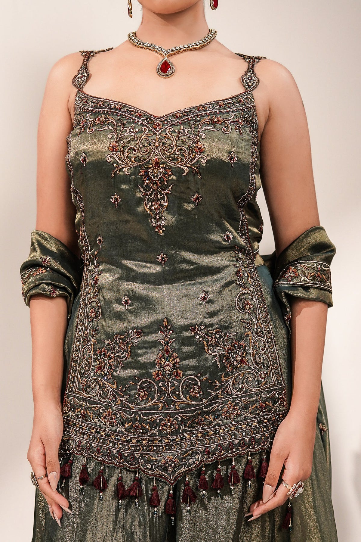 Deep Olive Green Metallic Tissue Tunic and Skirt Ensemble with Ornate Zardosi and Beadwork Bodice