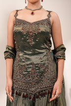 Deep Olive Green Metallic Tissue Tunic and Skirt Ensemble with Ornate Zardosi and Beadwork Bodice