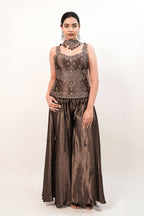 Chocolate Brown Silk Fusion Set featuring Crystal-Embellished Bodice and Sheer Net Dupatta