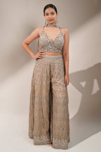 Champagne Beige Embellished Bustier with Sheer Organza Wide-Leg Pants and Sequined Border Dupatta