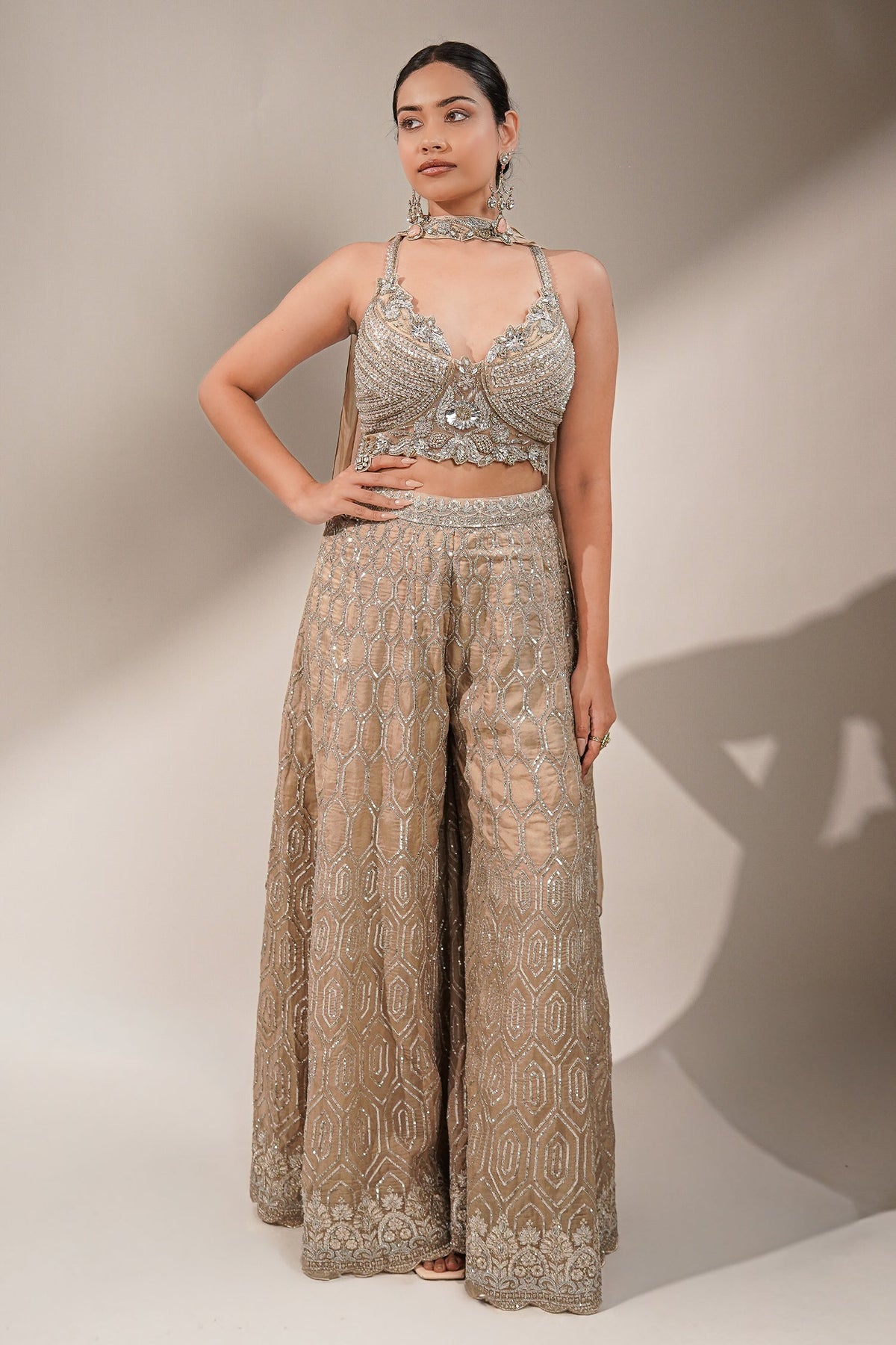 Champagne Beige Embellished Bustier with Sheer Organza Wide-Leg Pants and Sequined Border Dupatta