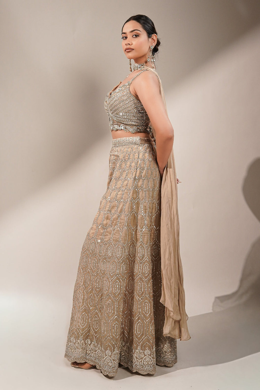 Champagne Beige Embellished Bustier with Sheer Organza Wide-Leg Pants and Sequined Border Dupatta