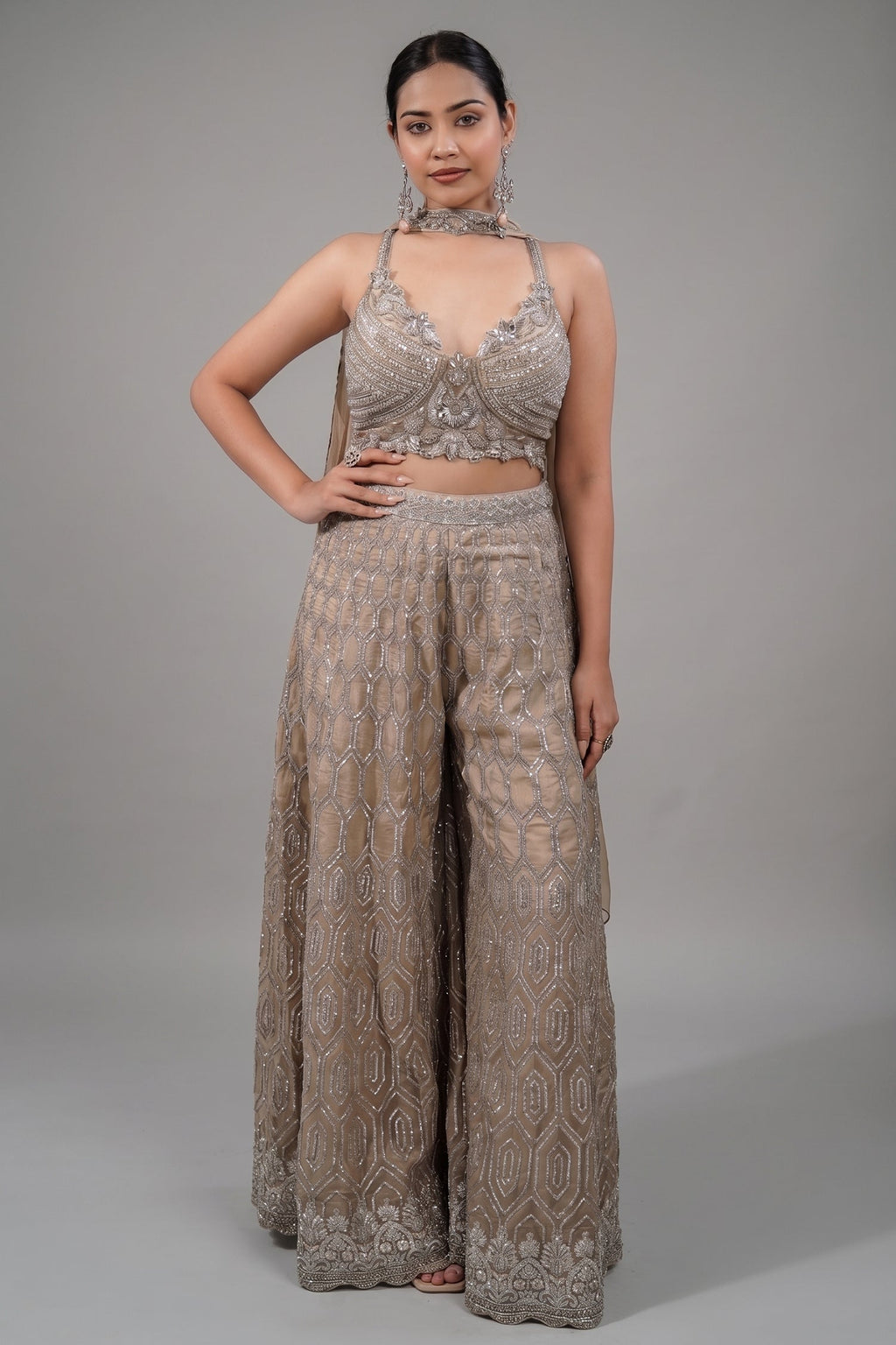 Champagne Beige Embellished Bustier with Sheer Organza Wide-Leg Pants and Sequined Border Dupatta