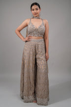 Champagne Beige Embellished Bustier with Sheer Organza Wide-Leg Pants and Sequined Border Dupatta